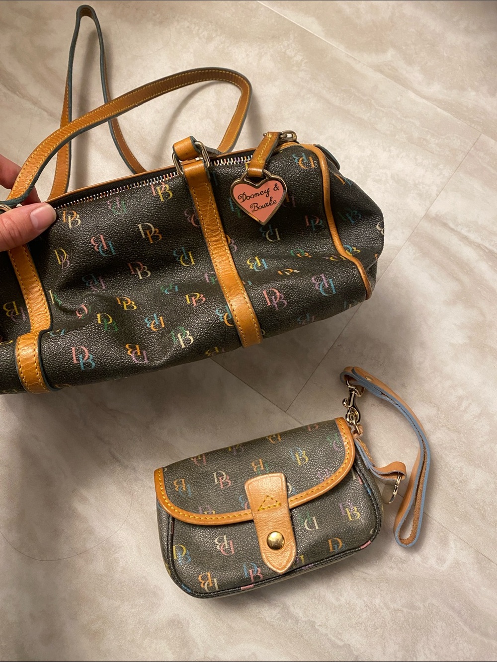 Vintage Dooney & Bourke Brown Multicolor Logo Shoulder Bag & Wristlet